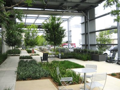 Outdoor power pedestal by Pedoc Power Solutions installed at Pathline Park Campus in Sunnyvale, CA – integrated into modern landscape design.