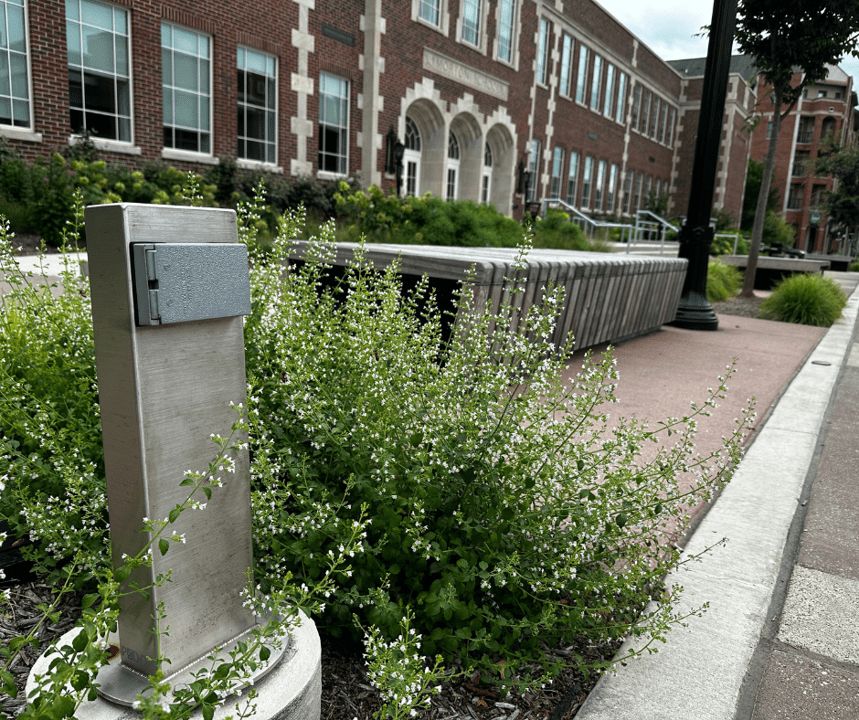 A Pedoc power pedestal installed in front of West Lafayette's City Hall