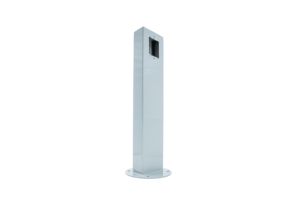 The photo shows the Pedoc Power Pedestal 1P24-C-V-G, a sleek and compact single-gang vertical outdoor power pedestal. It features a rectangular gray body with a sturdy base, designed for stable installation. The pedestal's vertical configuration is optimized for efficient power distribution in outdoor environments, with a clean and modern design suitable for various applications.